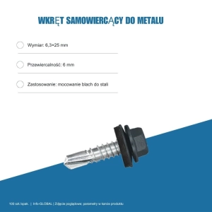 Wkręt samowiercący do metalu 6,3x25 mm, przewiercalność 6 mm, EPDM, 100 szt. – kolor do wyboru